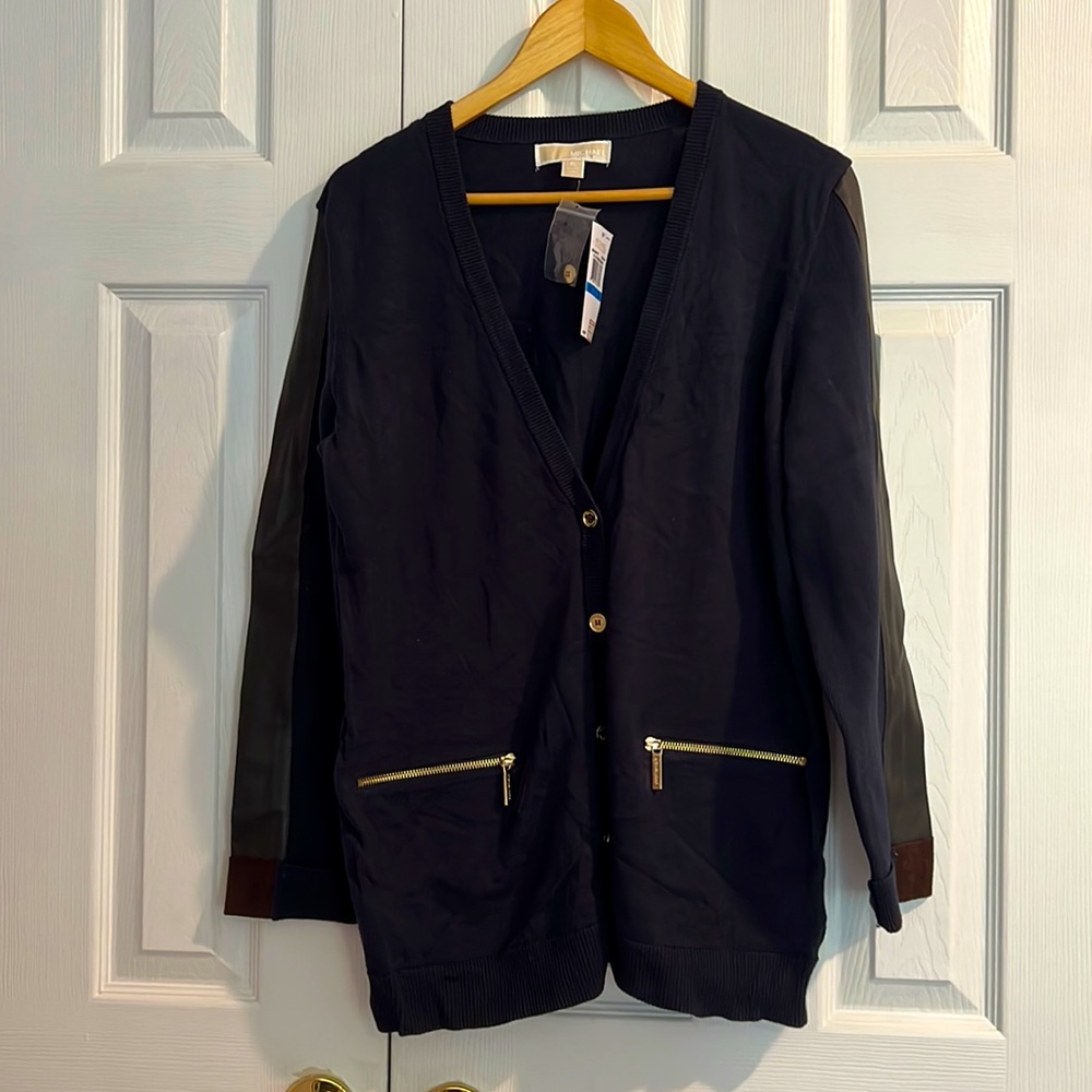 Never worn Michael Michael Kors sweater, XL, navy blue, gold buttons and zips